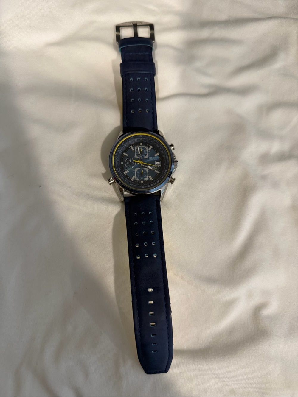 Citizen Men's Blue Chronograph Watch with Yellow Accent